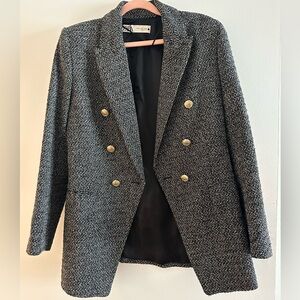 Zara Black and White Tweed Blazer with Gold Buttons